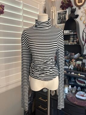 Divided Black and White Striped Turtleneck Top
